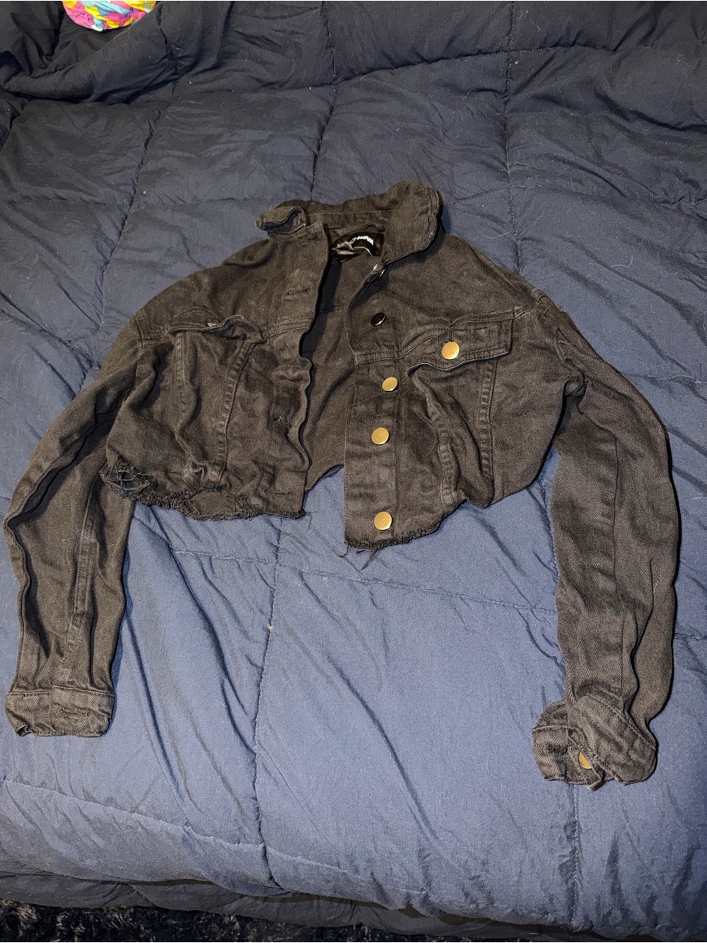 Cropped Black Denim Jacket with Gold Buttons - Women